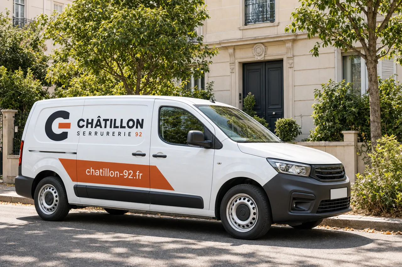 Utilitaire Châtillon Serrurerie 92 garé devant un immeuble en pierre de Châtillon